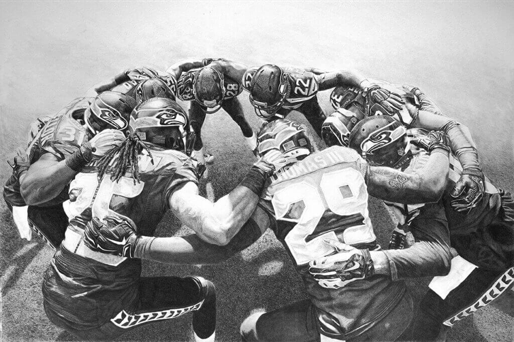 Seattle Seahawks Huddle pencil artwork by Keegan Hall